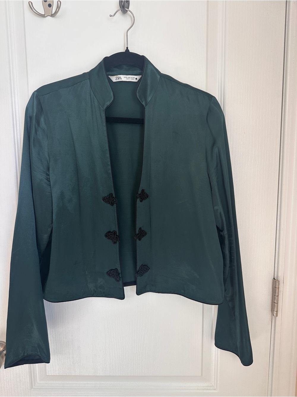 Zara Teal Satin Mandarin Collar Blazer